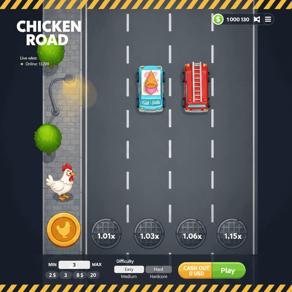 Chicken Road game interface showing a cartoon chicken preparing to cross multiple lanes of busy road traffic, with visible multiplier values on manhole covers and a live wins ticker displaying recent player payouts